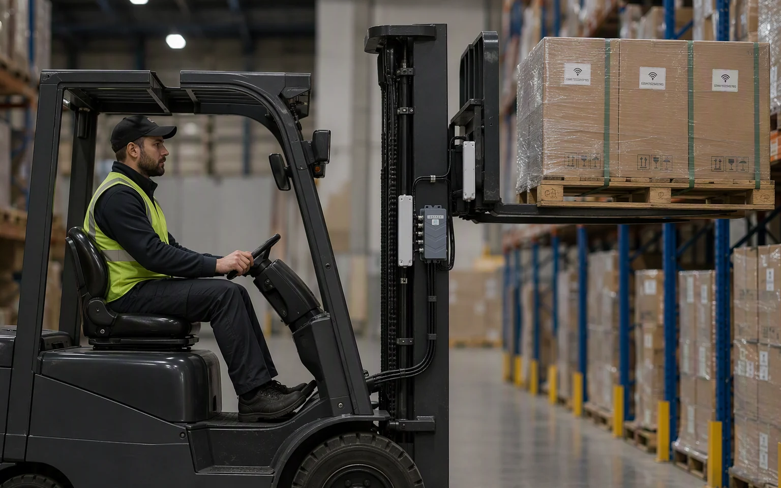 RLFL-4P forklift placing a tagged pallet onto a high warehouse rack