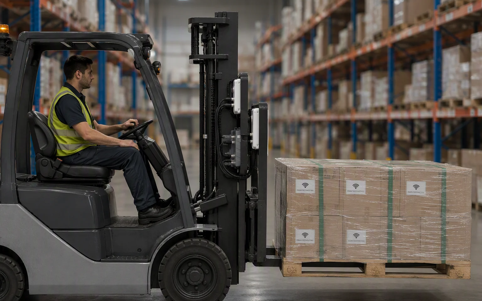 RLFL-4P forklift reader and panel antennas identifying a tagged pallet during pickup