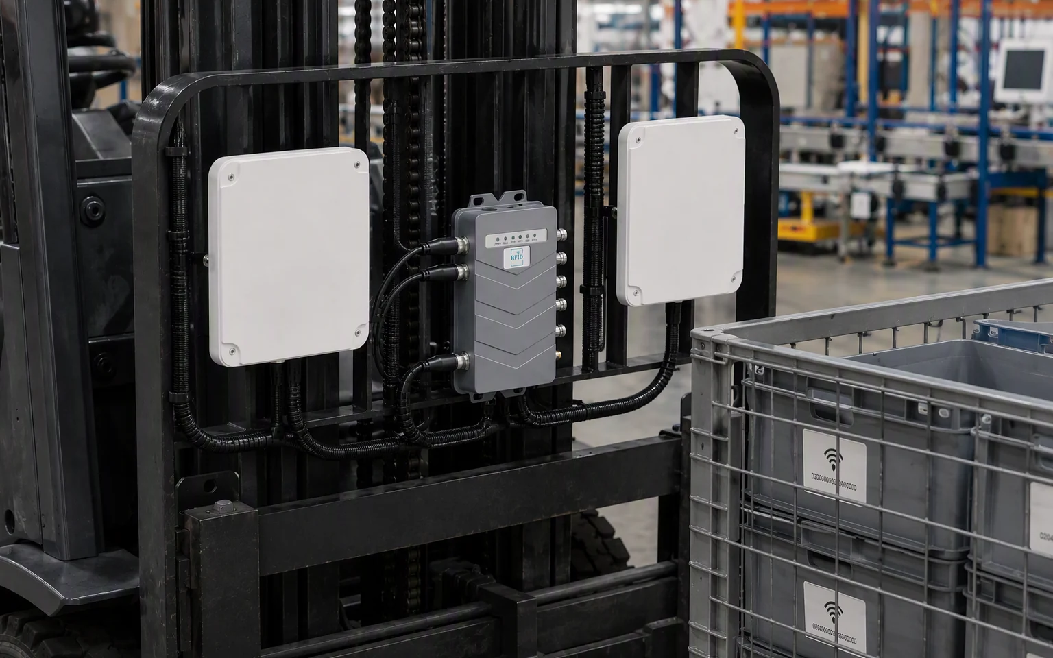 RLFL-4P forklift moving tagged returnable containers in a production plant
