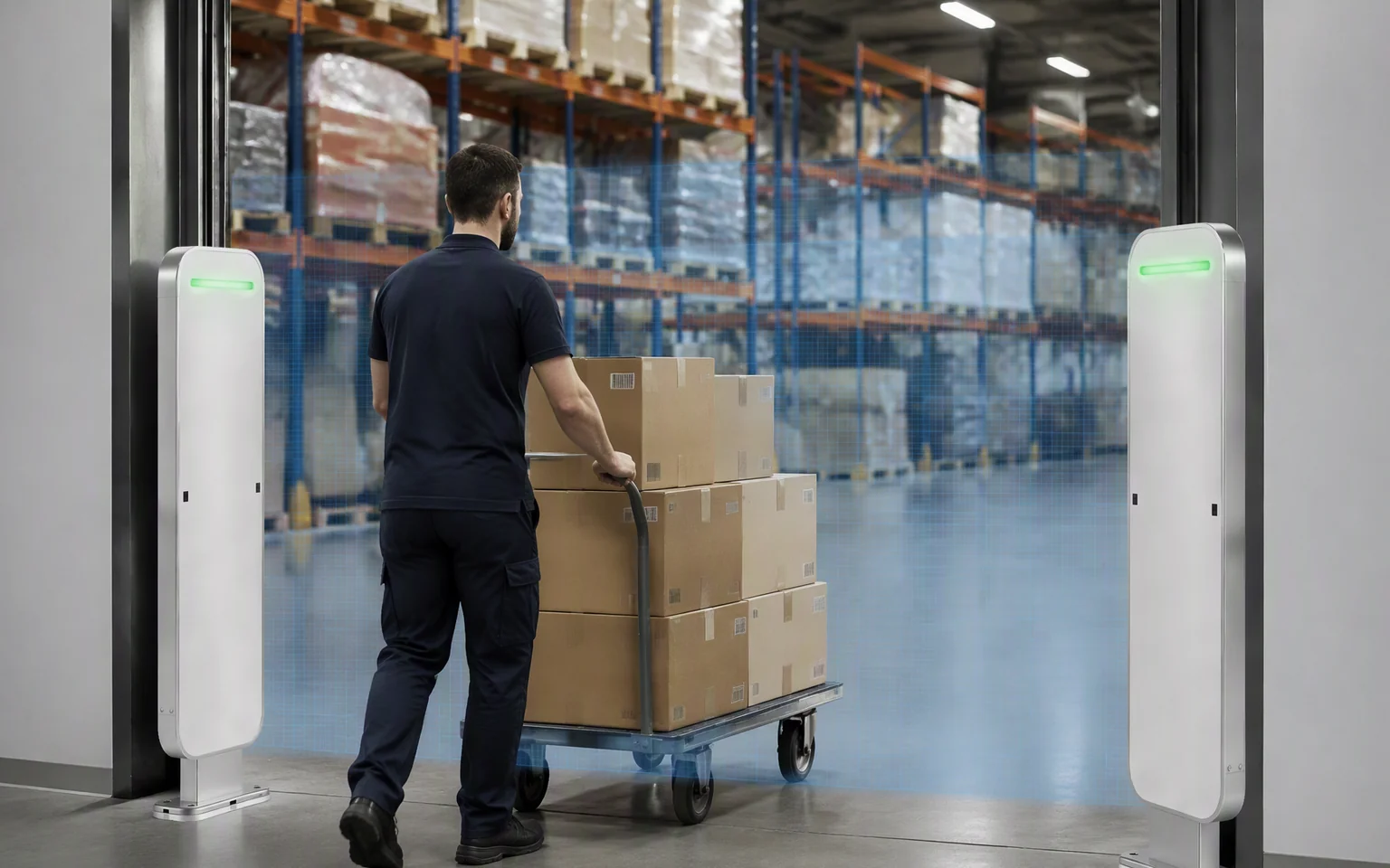 Multiple tagged boxes on a cart passing between two RLG01 RFID gate pedestals at a warehouse doorway
