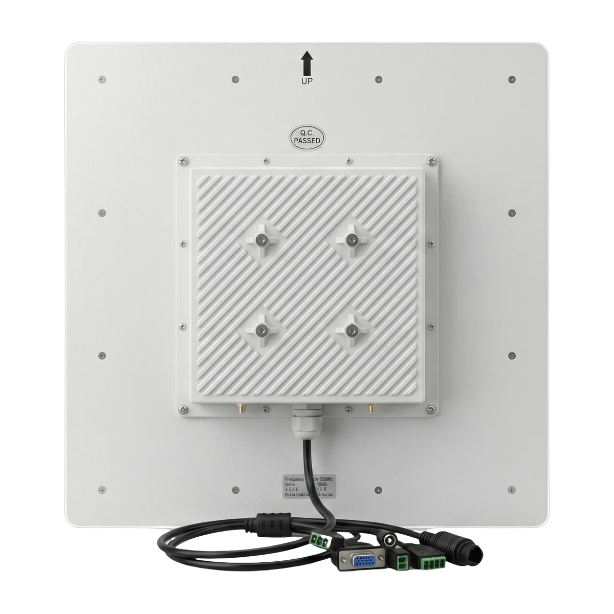 Rear view of the RLI-12dBi integrated UHF RFID reader showing the reader housing, backplate, mounting points and connection cables