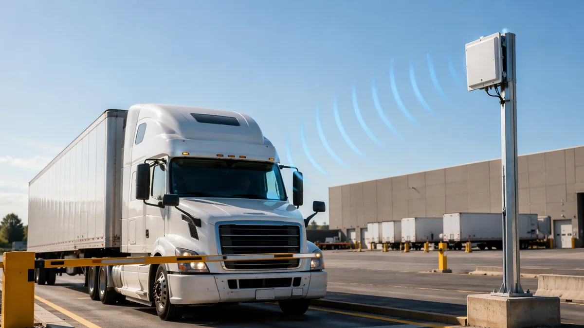 RLI-12dBi integrated UHF RFID reader identifying a tagged truck or vehicle at a long-range yard or controlled entry lane