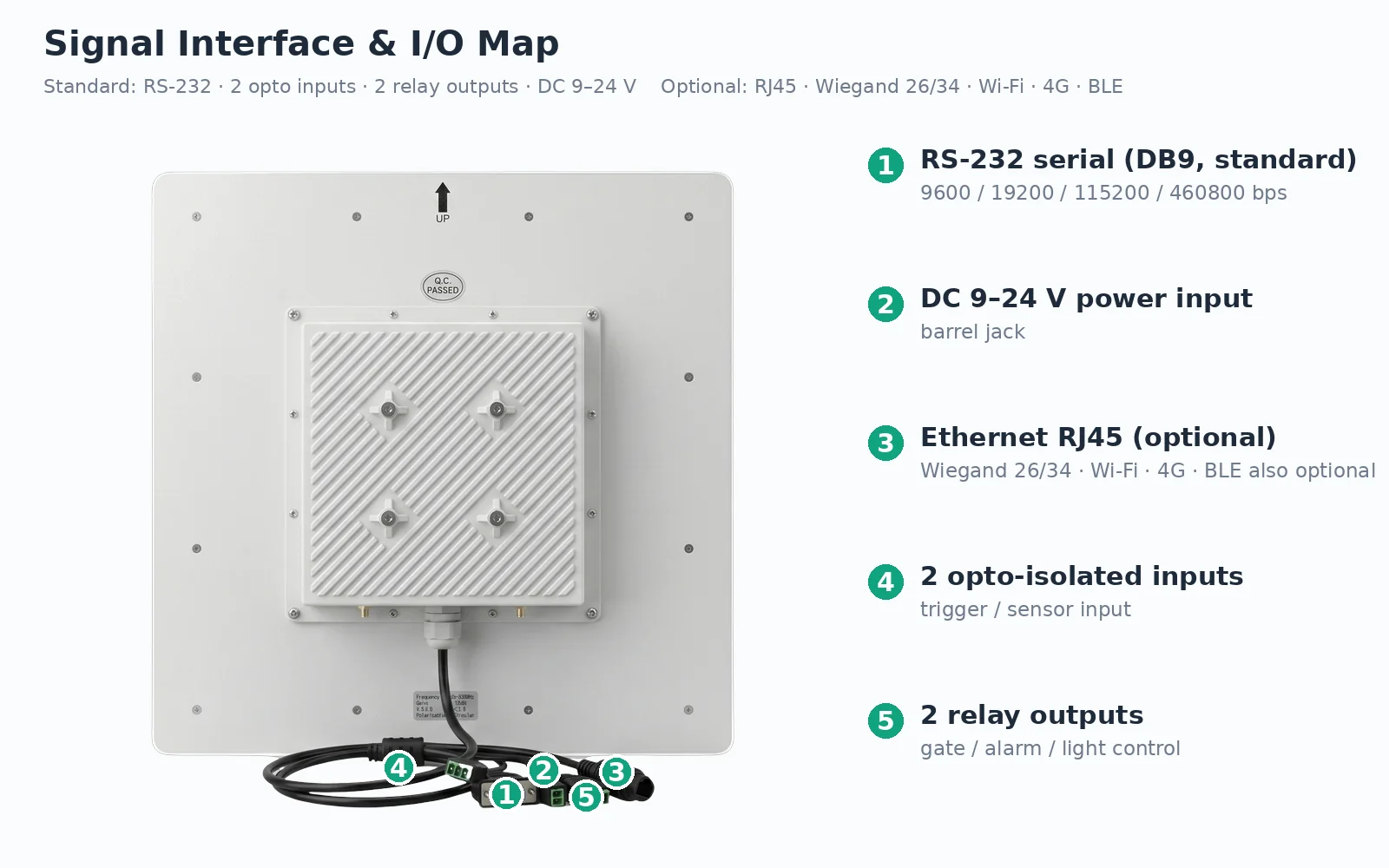 RLI-12dBi signal interface map showing RS-232, optional Ethernet and Wiegand, opto-isolated inputs, relay outputs and DC power