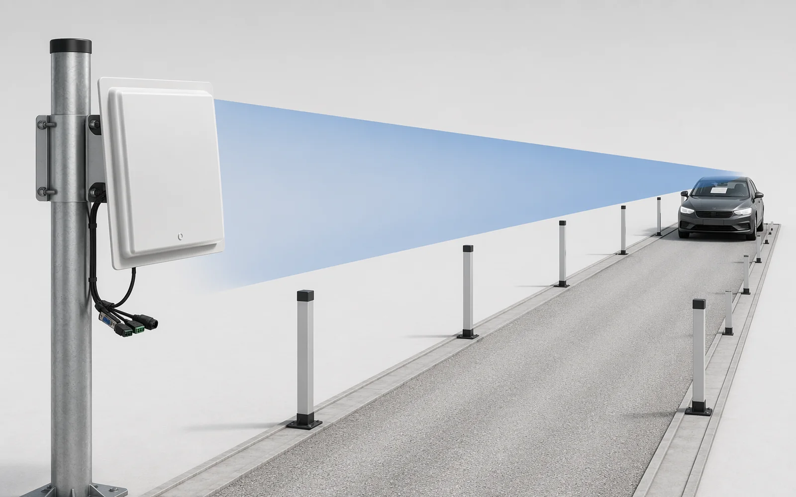 RLI-12dBi UHF RFID reader range validation showing a defined vehicle or logistics lane and controlled test conditions