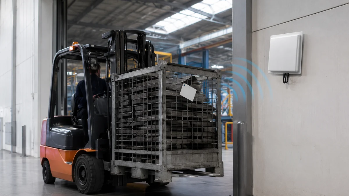 RLI-12dBi RFID reader identifying tagged large assets or material carriers at a wide industrial passage