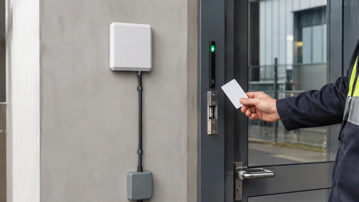 RLI-6dBi integrated RFID reader identifying a tagged vehicle or asset at a controlled access point