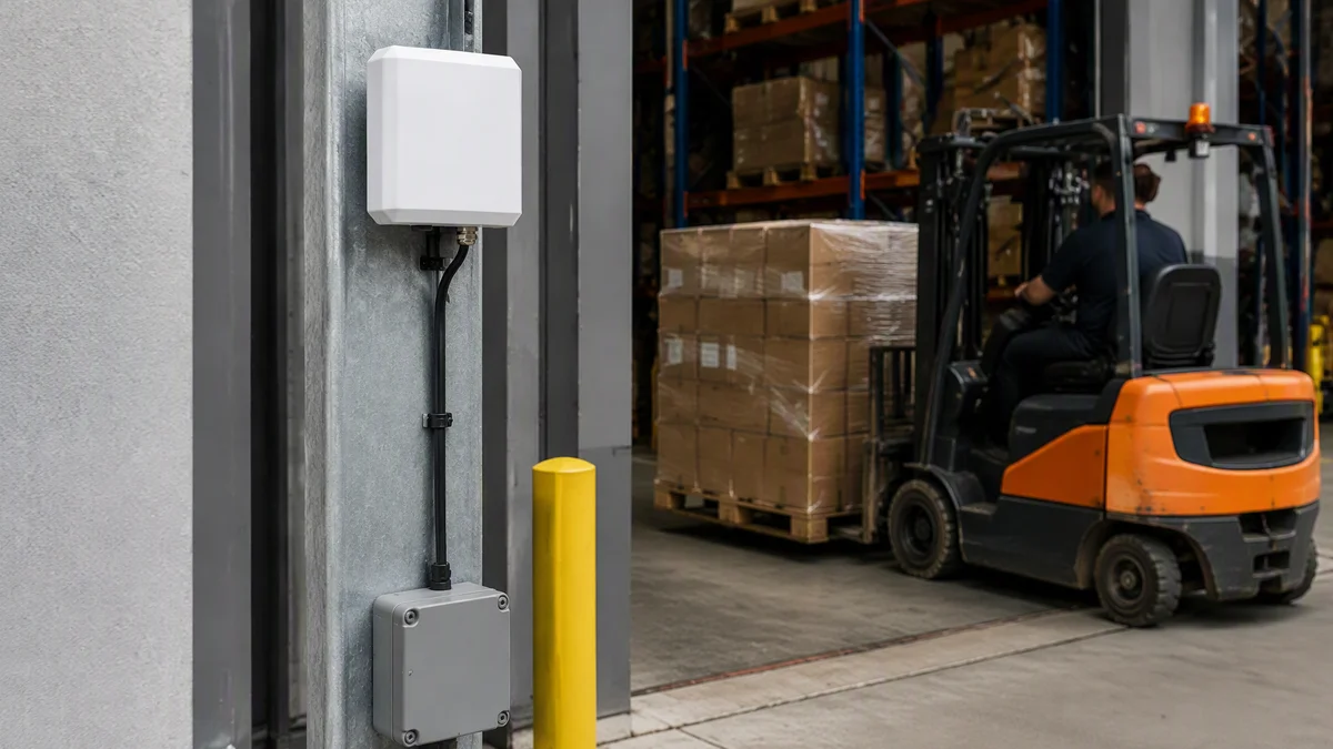 RLI-6dBi RFID reader capturing tagged cartons at a logistics transfer checkpoint