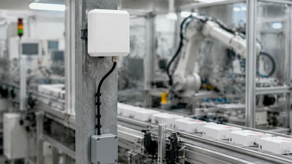 RLI-6dBi integrated UHF RFID reader verifying a tagged workpiece at a production station