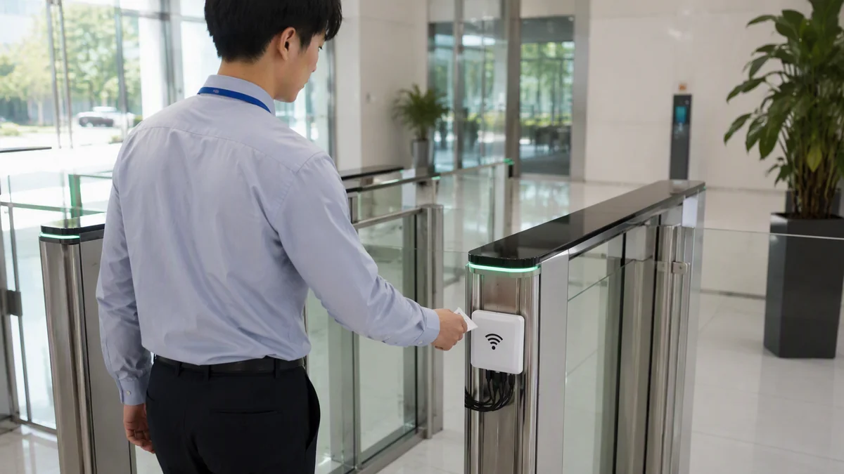 RLI-8dBi RFID reader identifying tagged personnel cards or assets at a controlled access checkpoint