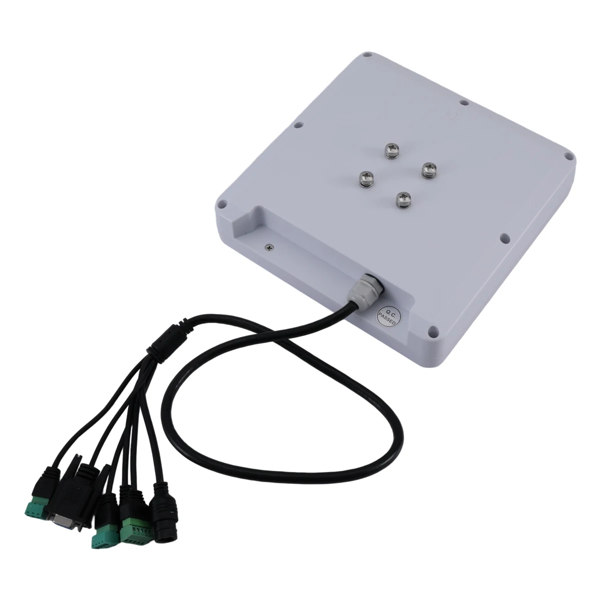 Rear and cable view of the RLI-8dBi integrated UHF RFID reader with communication, power and I/O connectors
