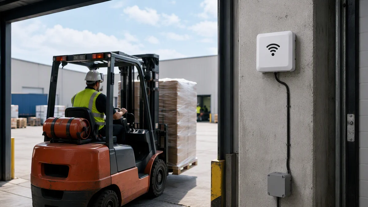 RLI-8dBi integrated RFID reader capturing tagged pallets, containers or assets at a logistics gate or transfer point