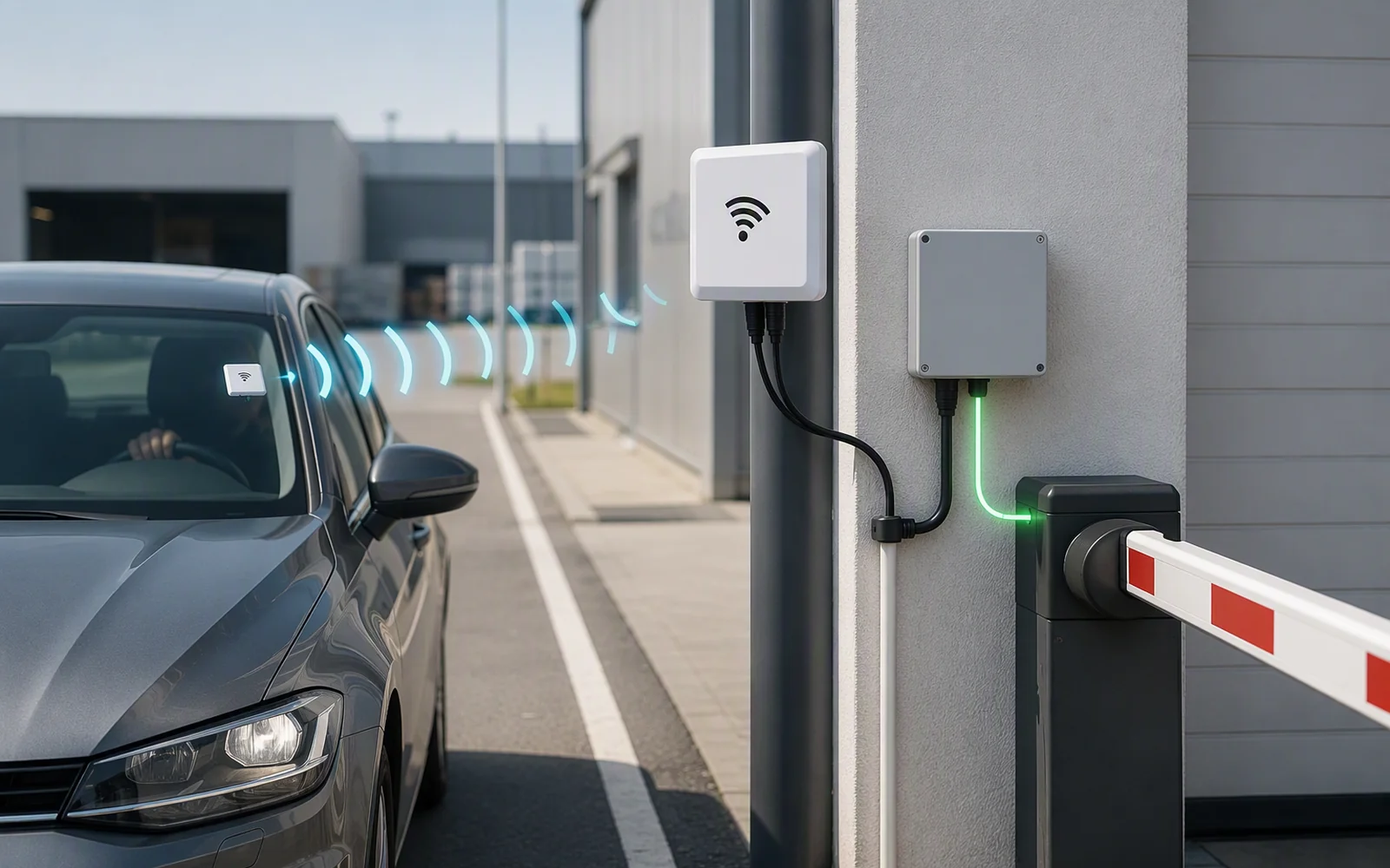 RFID checkpoint workflow showing vehicle or object detection, RLI-8dBi tag reading, host validation and relay or gate response