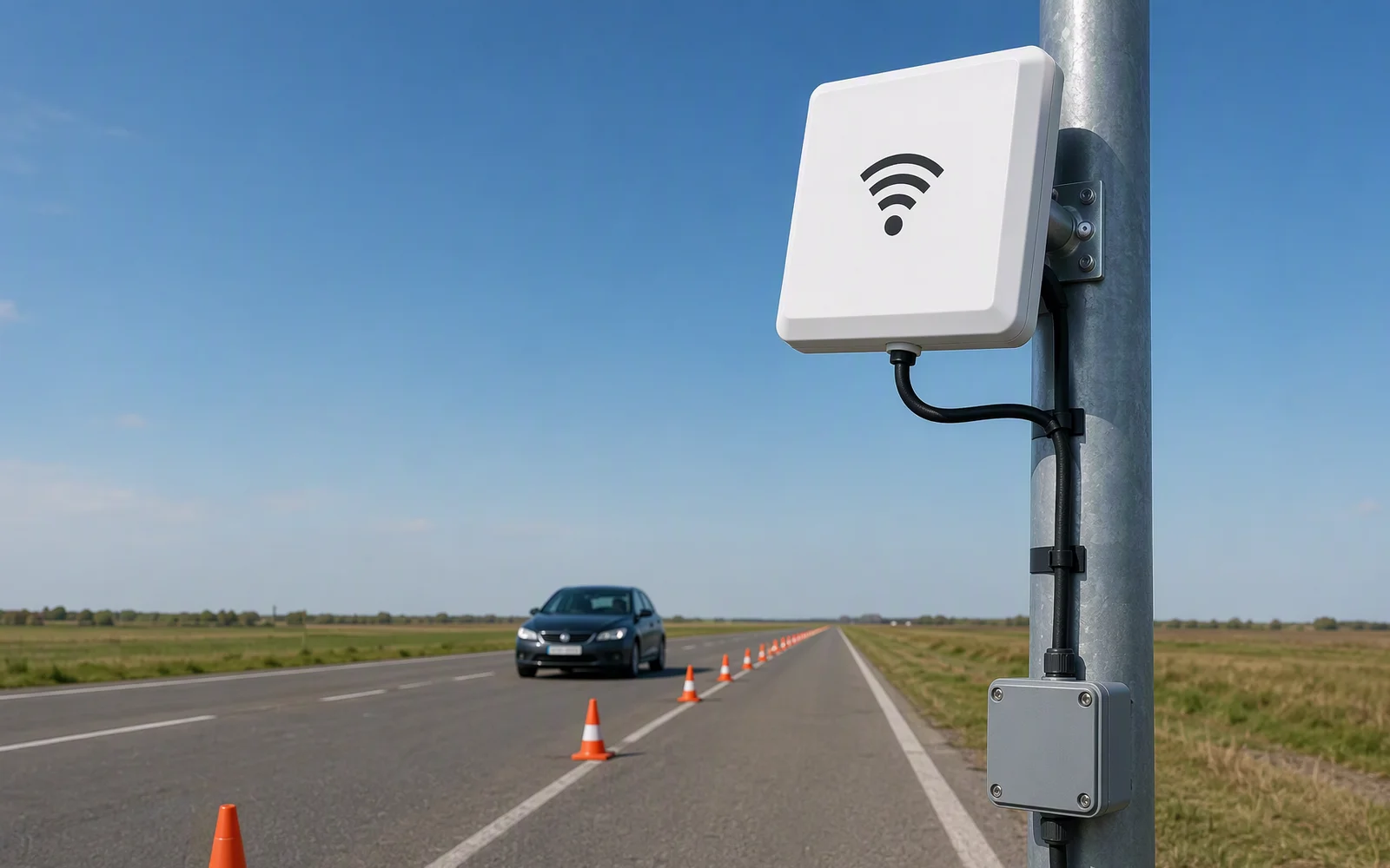 RLI-8dBi UHF RFID reader range test showing a defined lane, reference tag and controlled test conditions