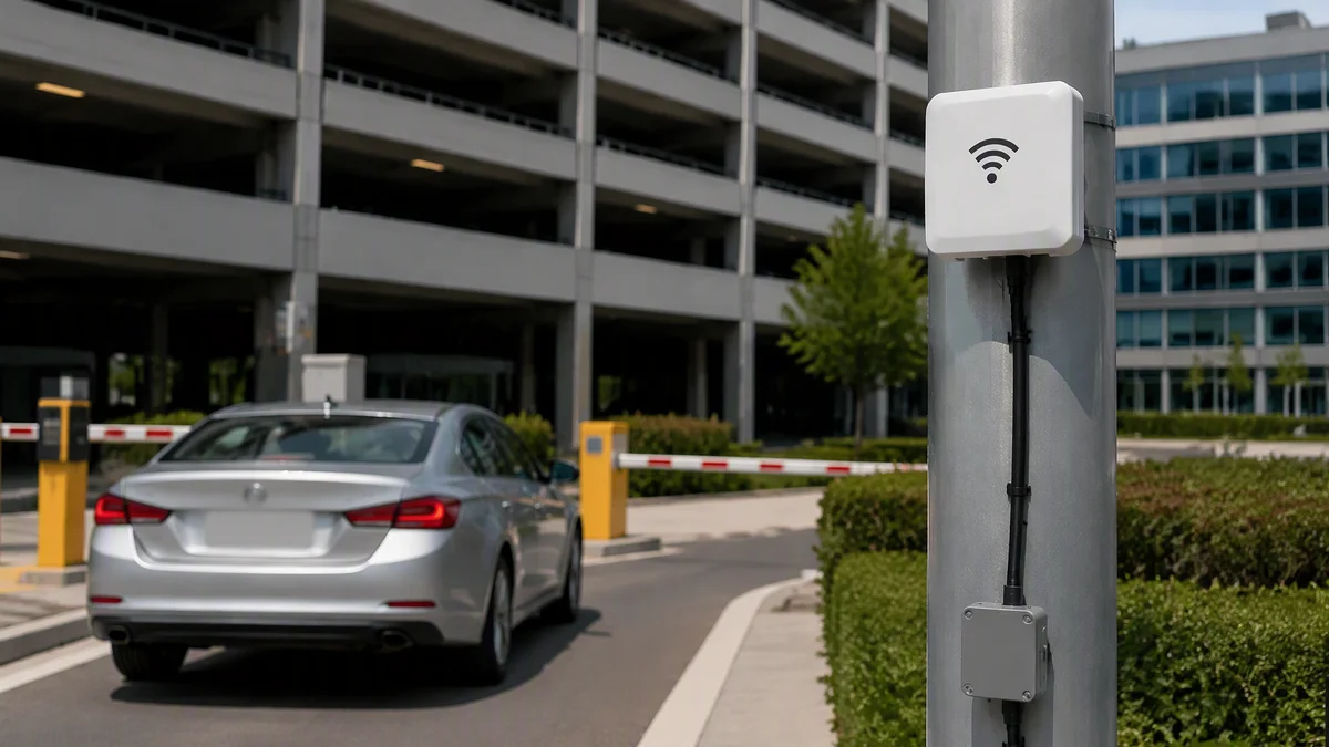 RLI-8dBi integrated UHF RFID reader identifying a tagged vehicle at a controlled lane or parking entrance