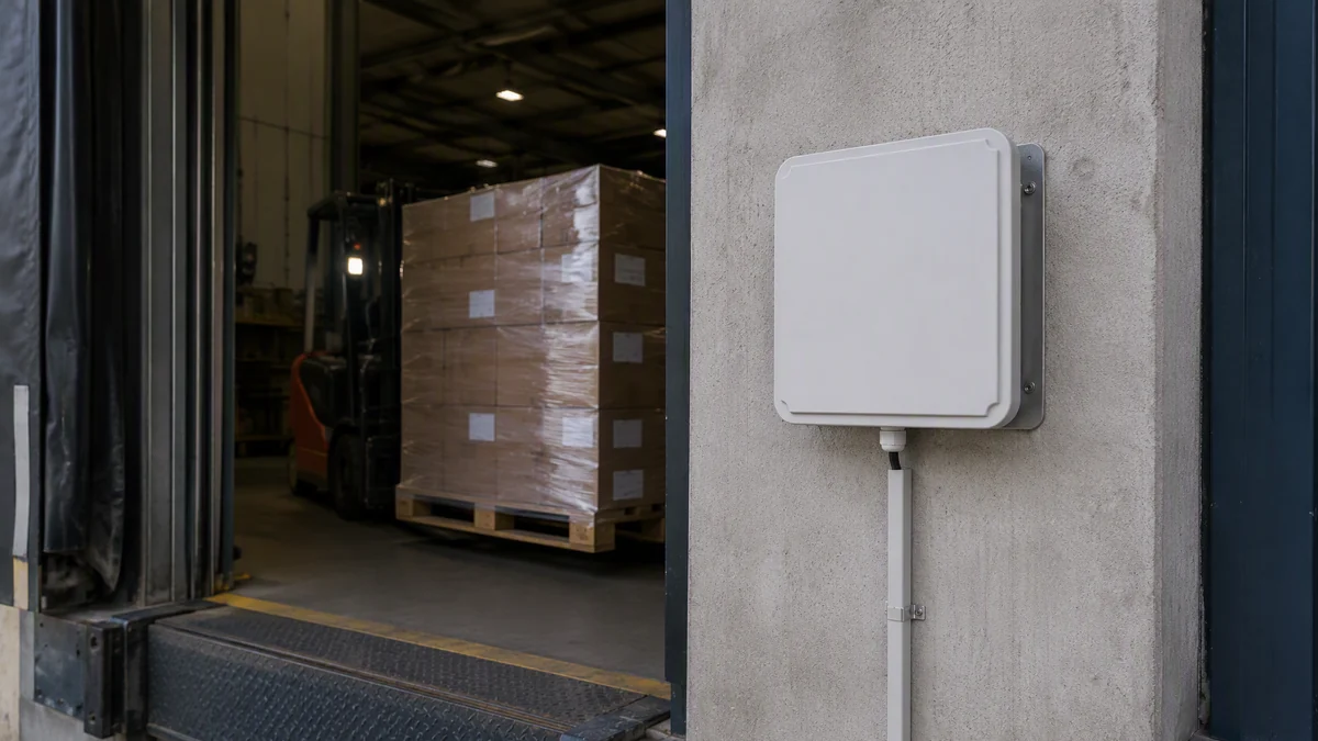 RLI-9dBi integrated RFID reader capturing tagged containers, pallets or cargo at a logistics gate
