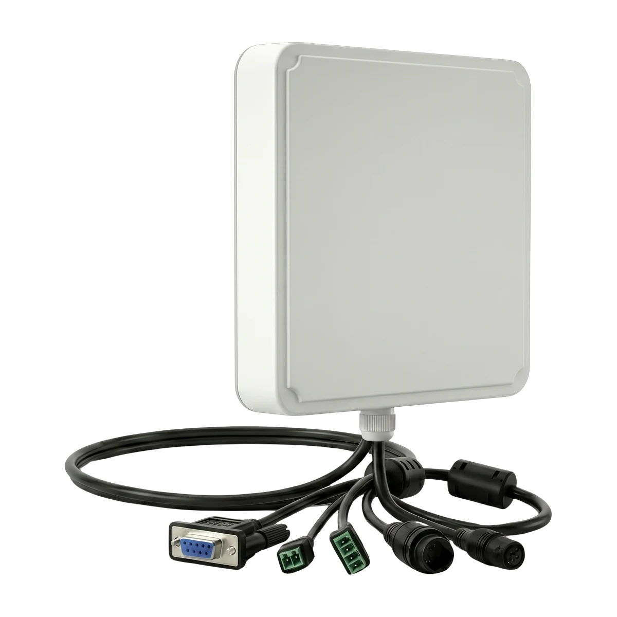 Side and cable view of the RLI-9dBi integrated UHF RFID reader with communication, power and I/O connectors