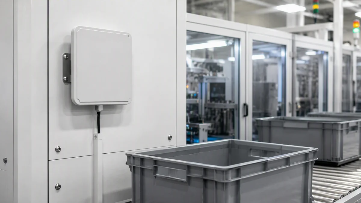 RLI-9dBi RFID reader identifying tagged material carriers or assets at a production transfer checkpoint