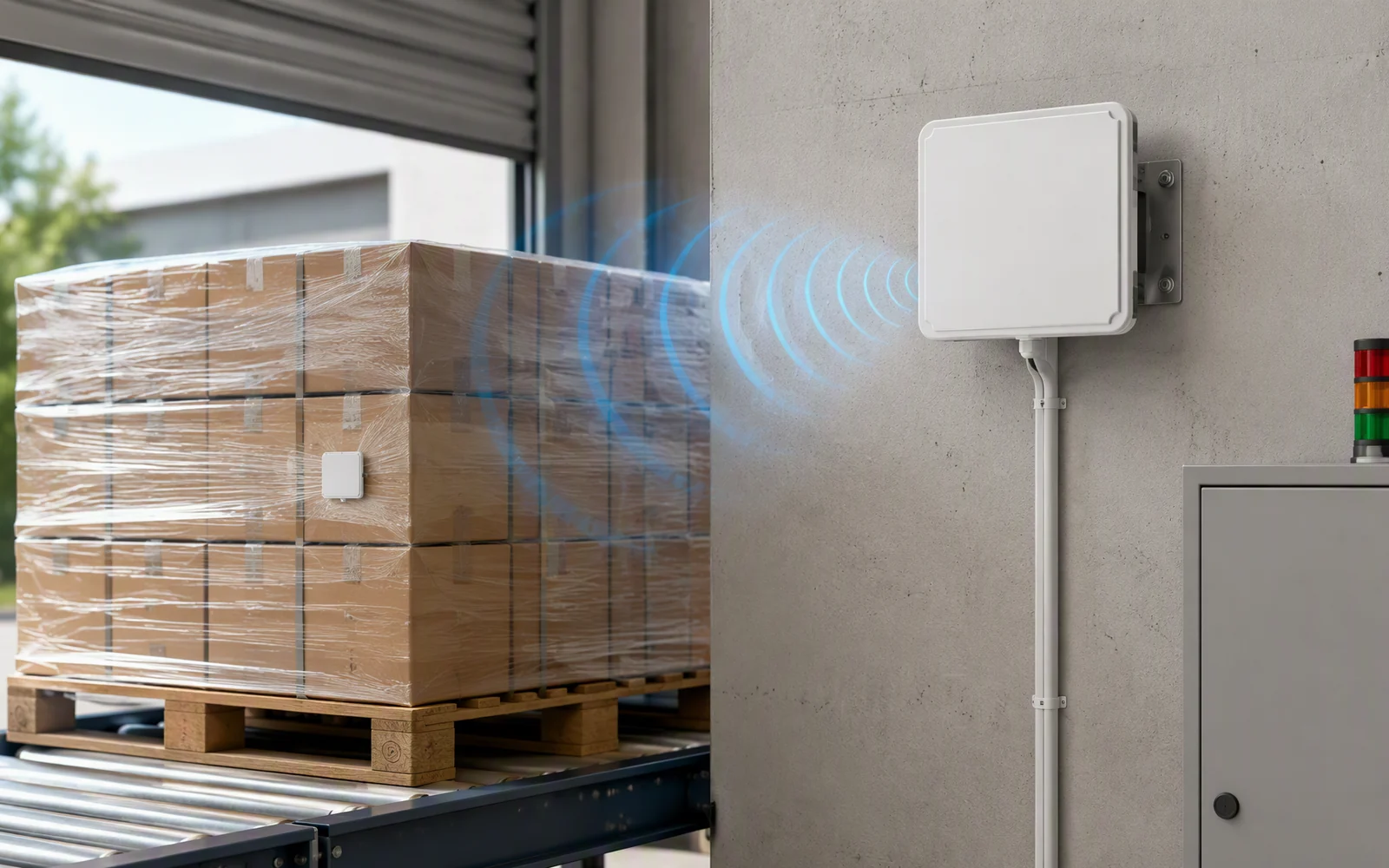 RFID checkpoint workflow showing vehicle or cargo detection, RLI-9dBi tag reading, host validation and relay or gate response