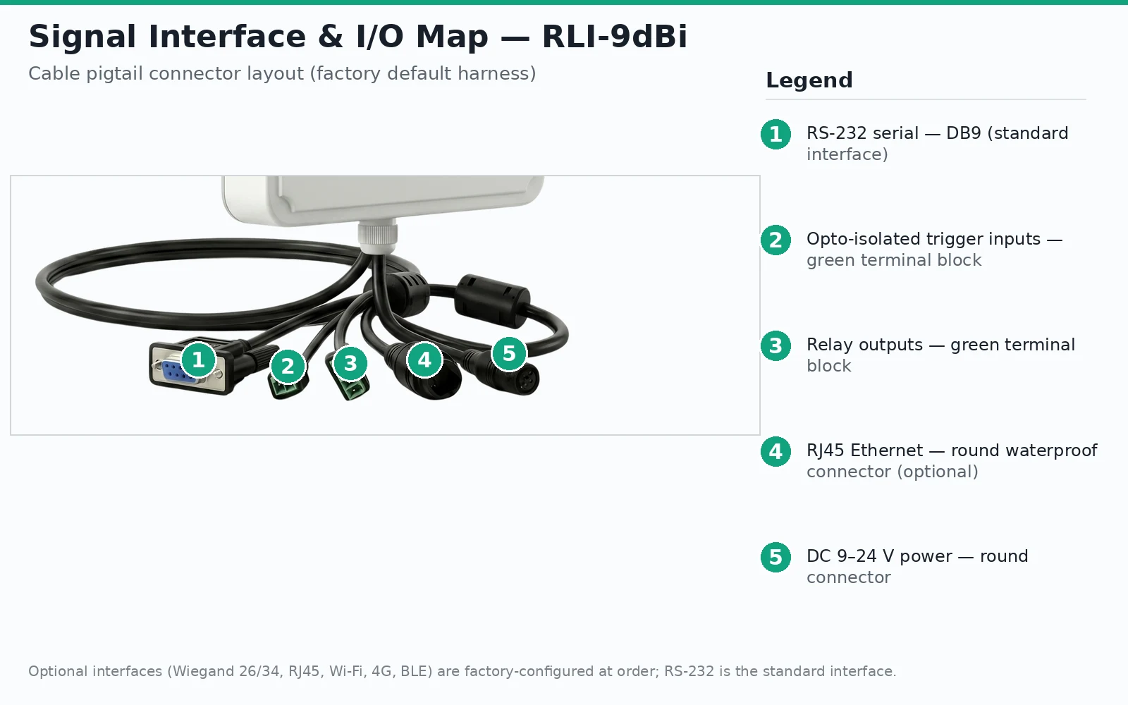 RLI-9dBi signal interface map showing RS-232, optional Ethernet and Wiegand, opto-isolated inputs, relay outputs and DC power