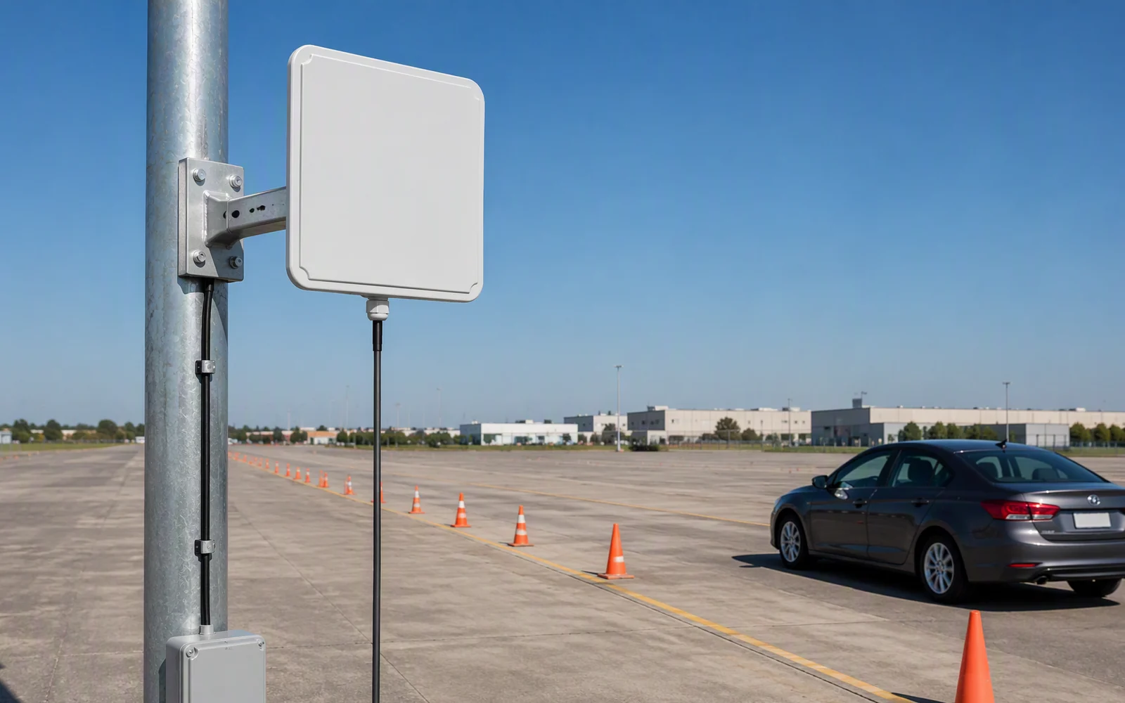 RLI-9dBi UHF RFID reader range validation showing a defined vehicle or logistics lane and controlled test conditions