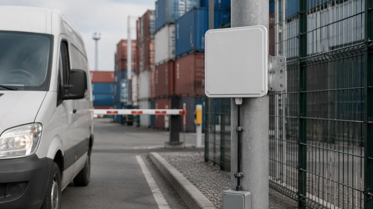 RLI-9dBi integrated UHF RFID reader identifying a tagged vehicle at a yard, customs or controlled entry lane