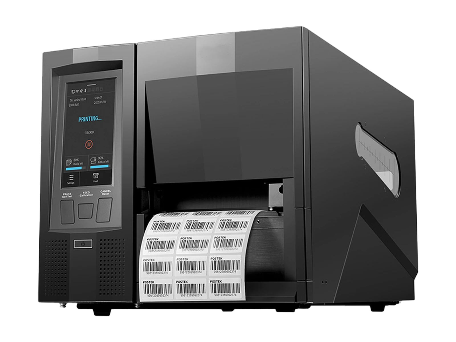 Front view of the RLPB-Z industrial smart UHF RFID label printer with touchscreen and printed labels