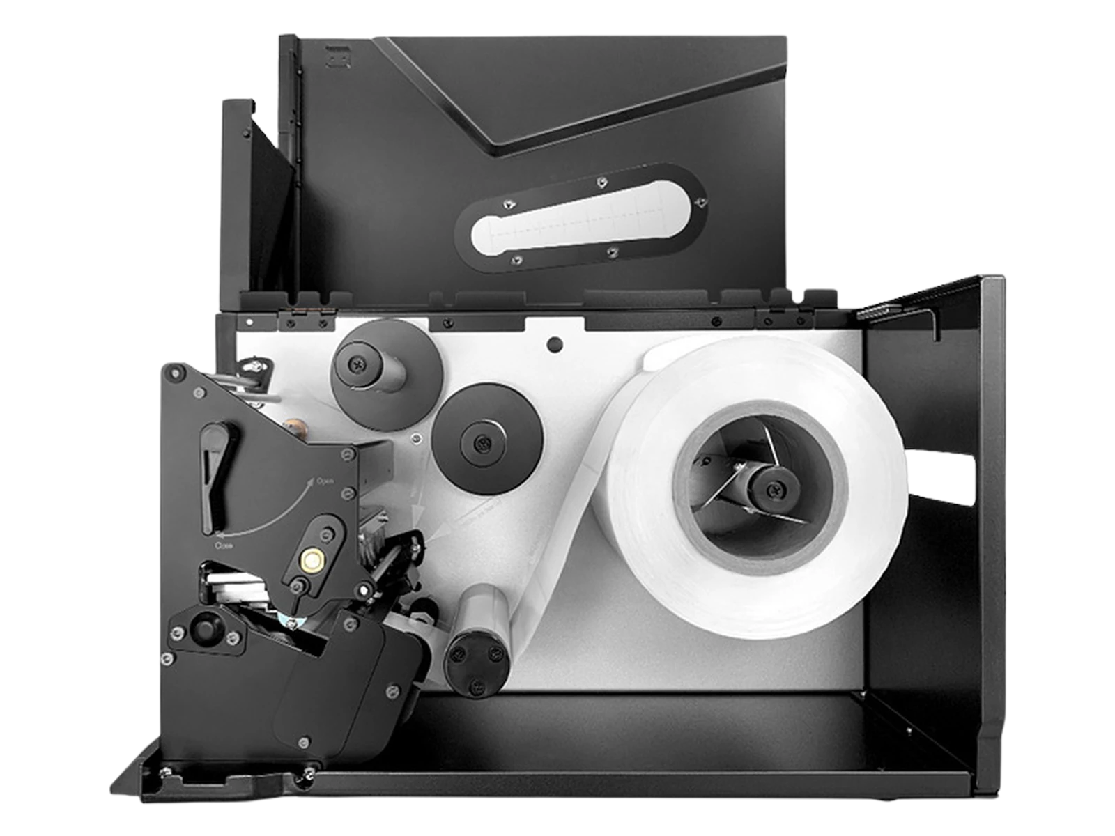 Open RLPB-Z RFID label printer showing large media roll, ribbon path and industrial print mechanism