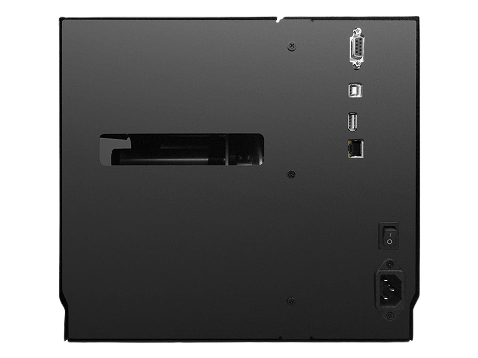 Rear view of the RLPB-Z UHF RFID label printer showing serial, USB, Ethernet and power connections