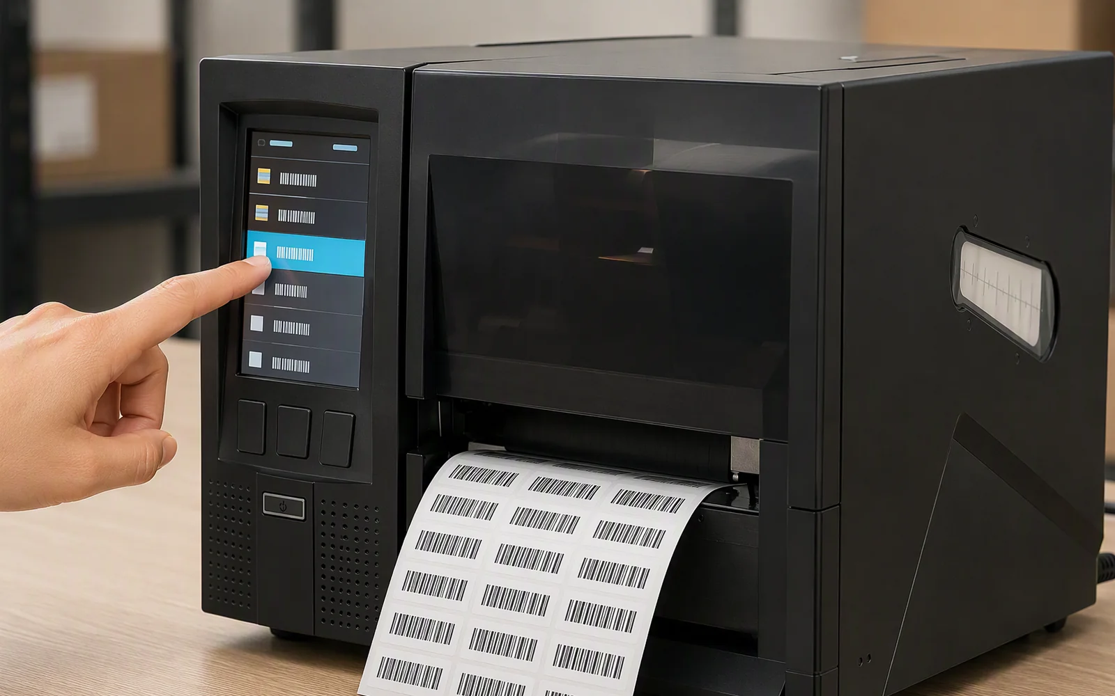 Operator selecting an RFID label job from the RLPB-Z printer touchscreen without editing the label at a PC