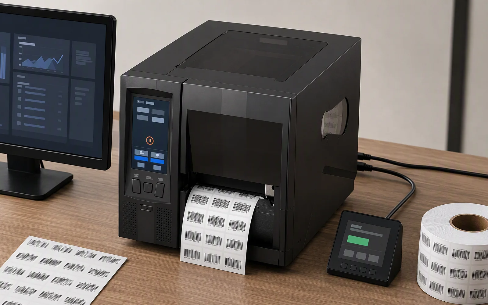 Workflow diagram showing business data, visible label printing, UHF RFID EPC encoding, checking and label output