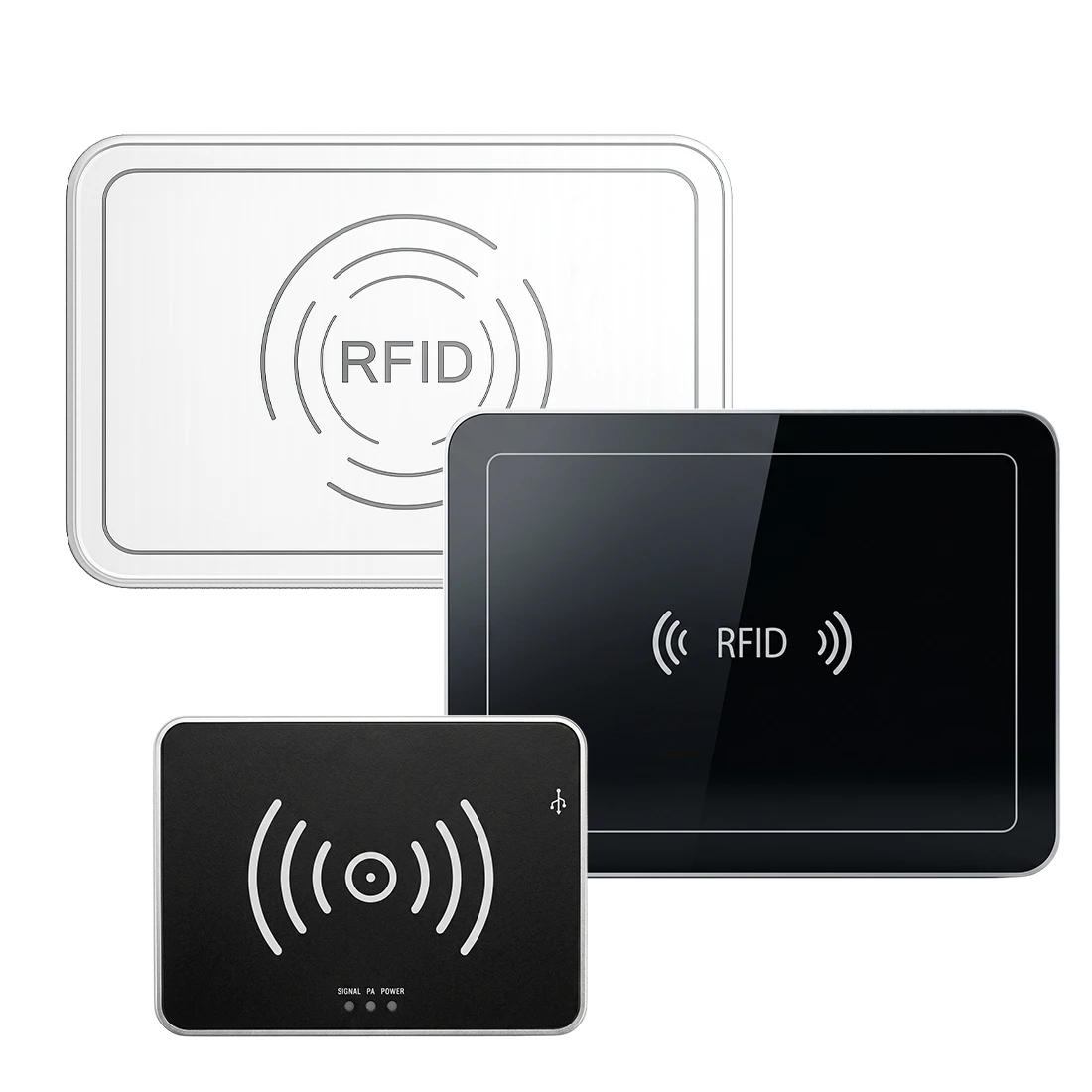 Raylink UHF RFID desktop reader family — RLD-01 compact reader, RLD-02 large-surface reader and RLD-03 industrial reader
