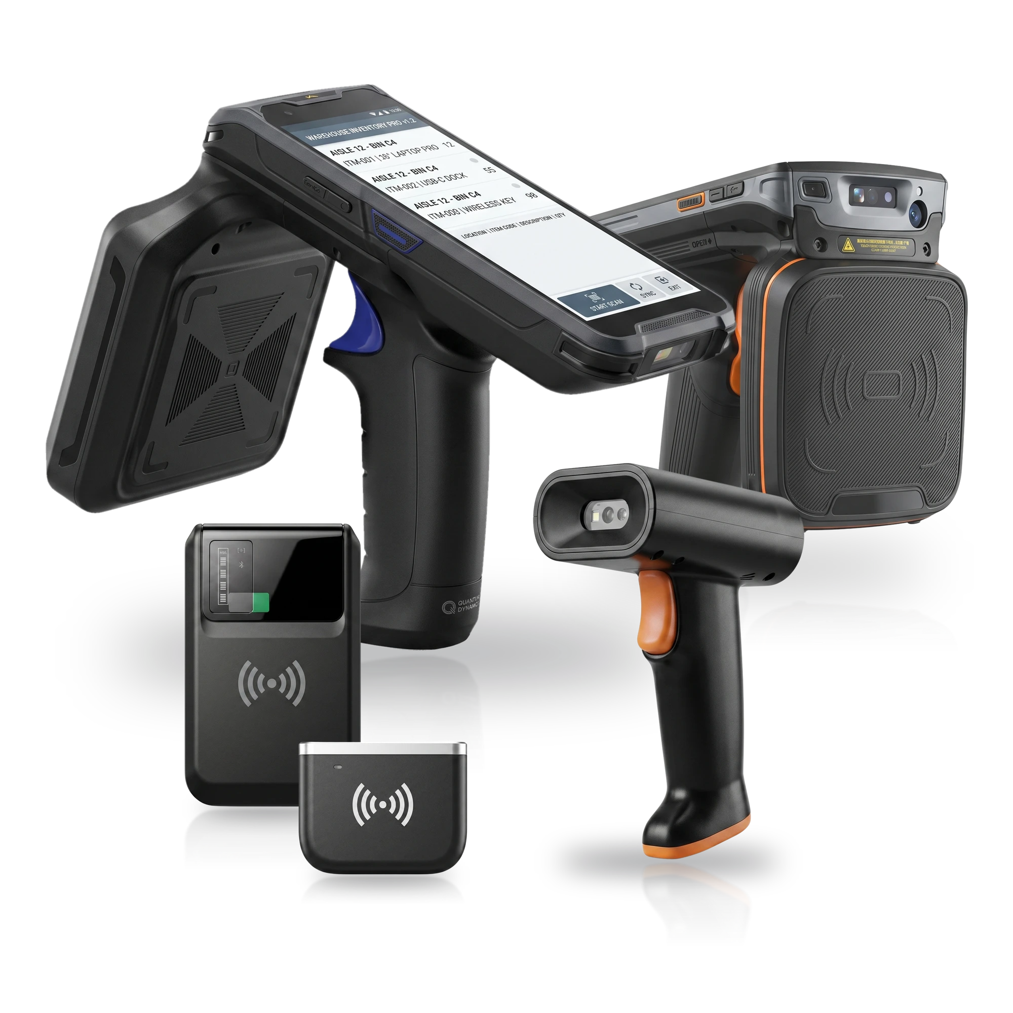 Raylink handheld RFID reader family — Android gun-grip PDA, RLRH-50 sled reader, RLRH-35 barcode scanner, powerbank and USB readers