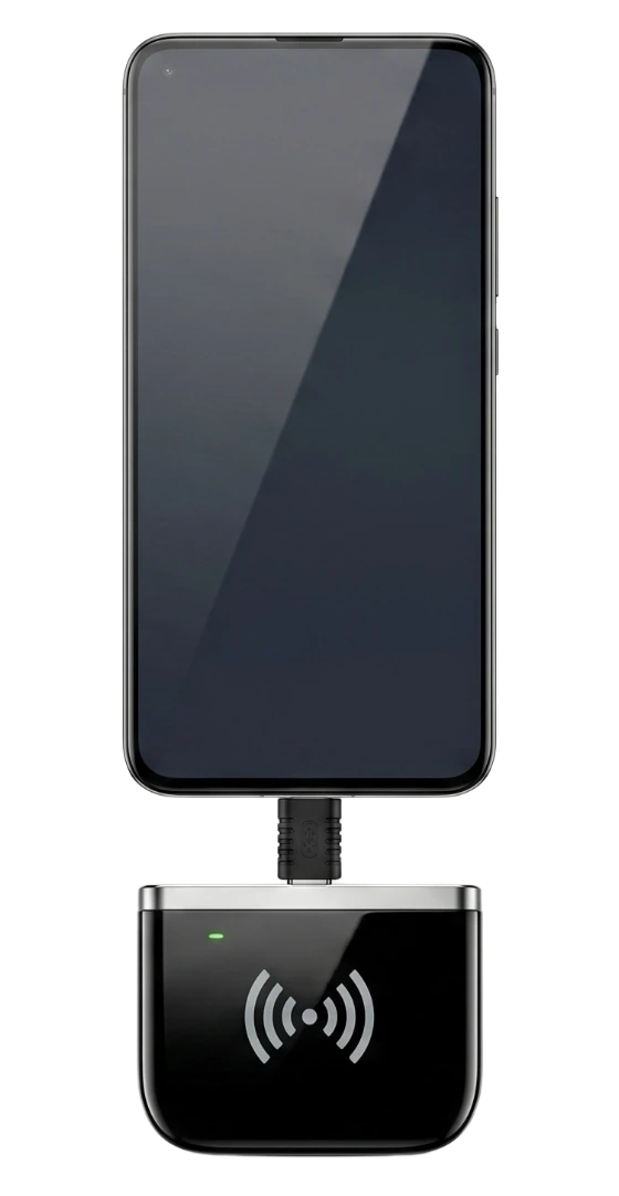 RLU-01 portable USB UHF RFID reader connected to a smartphone through USB Type-C