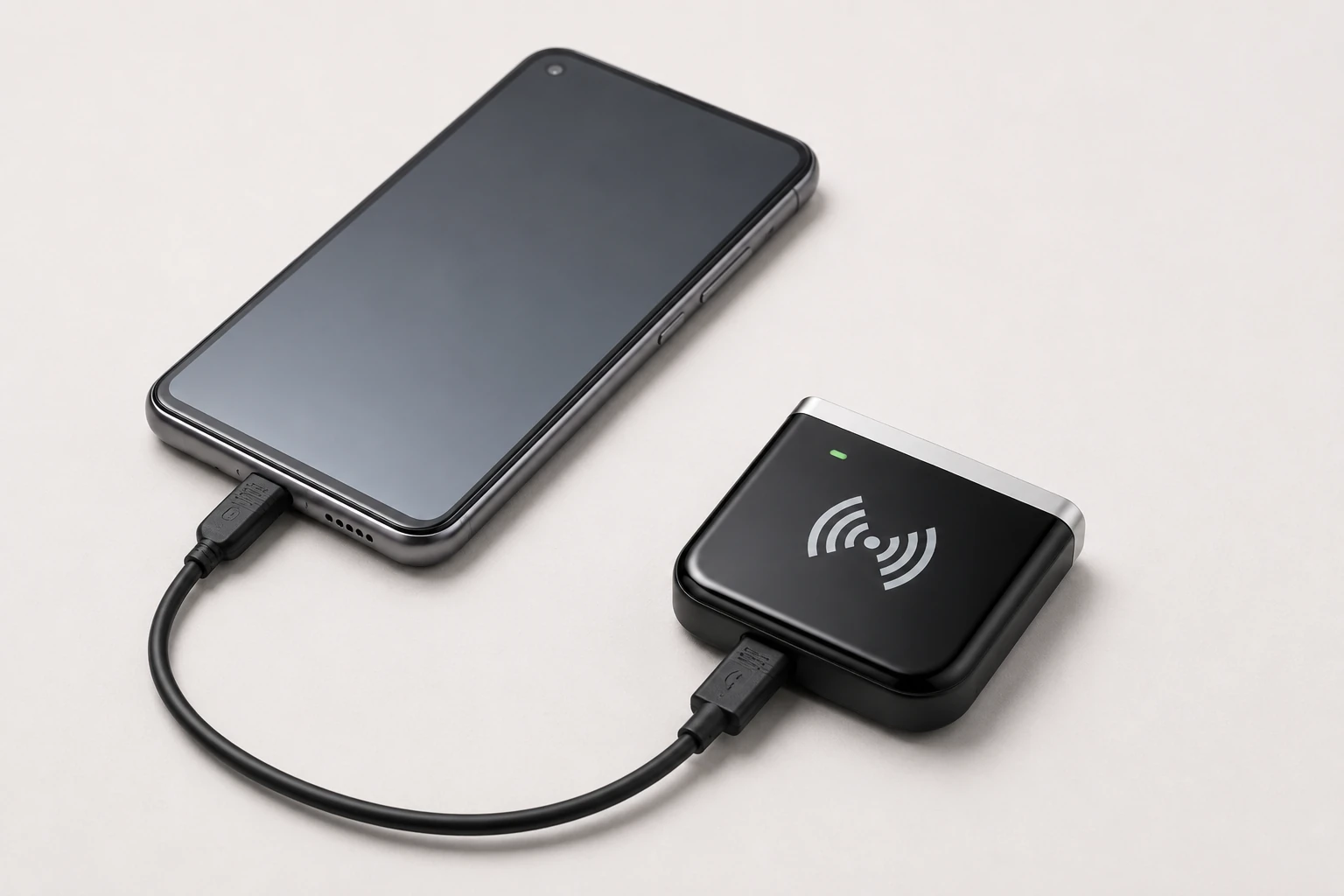 Portable RLU-01 USB UHF RFID reader used with a smartphone