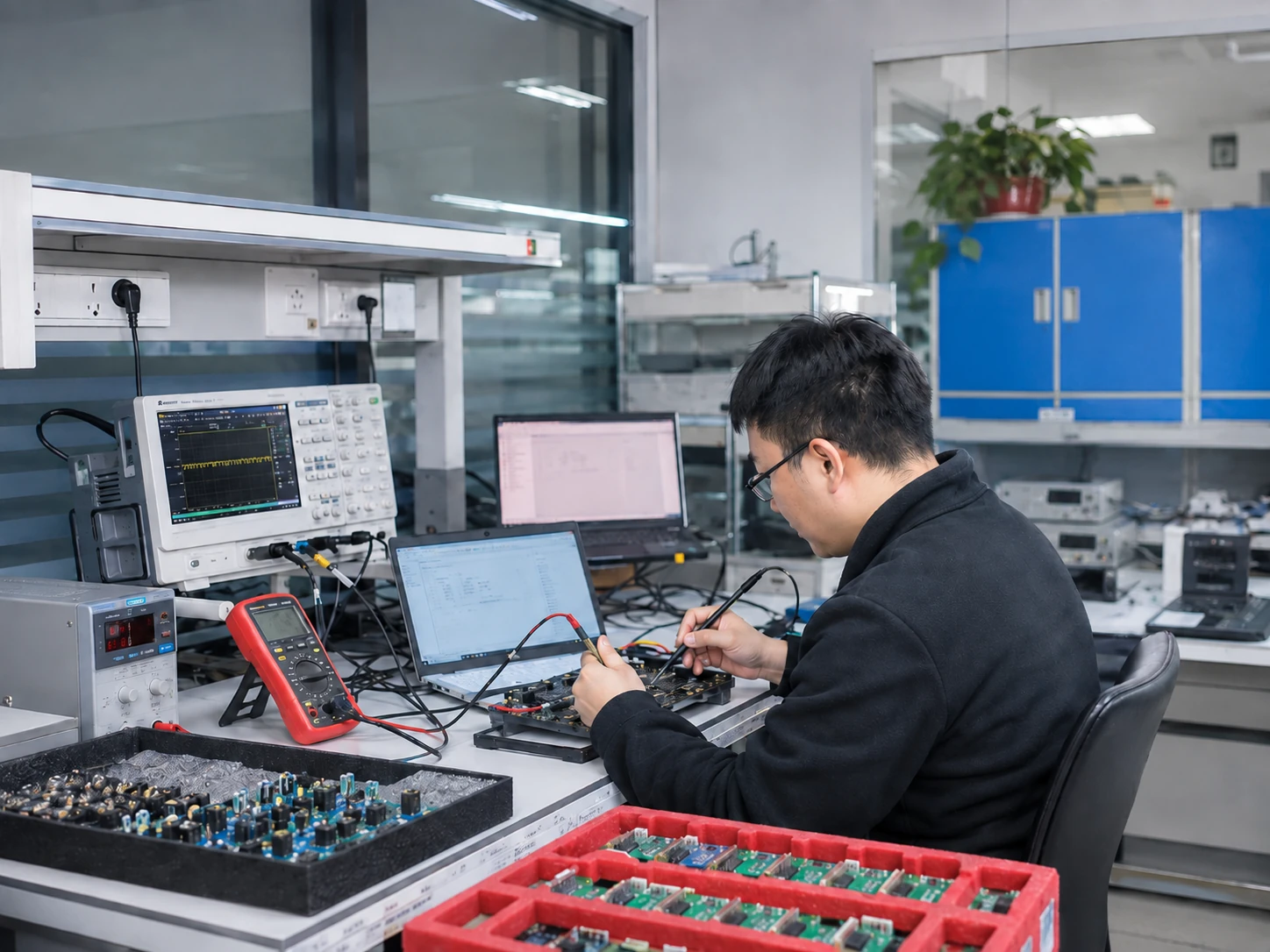 Raylink RFID engineer testing a UHF RFID reader module in the laboratory