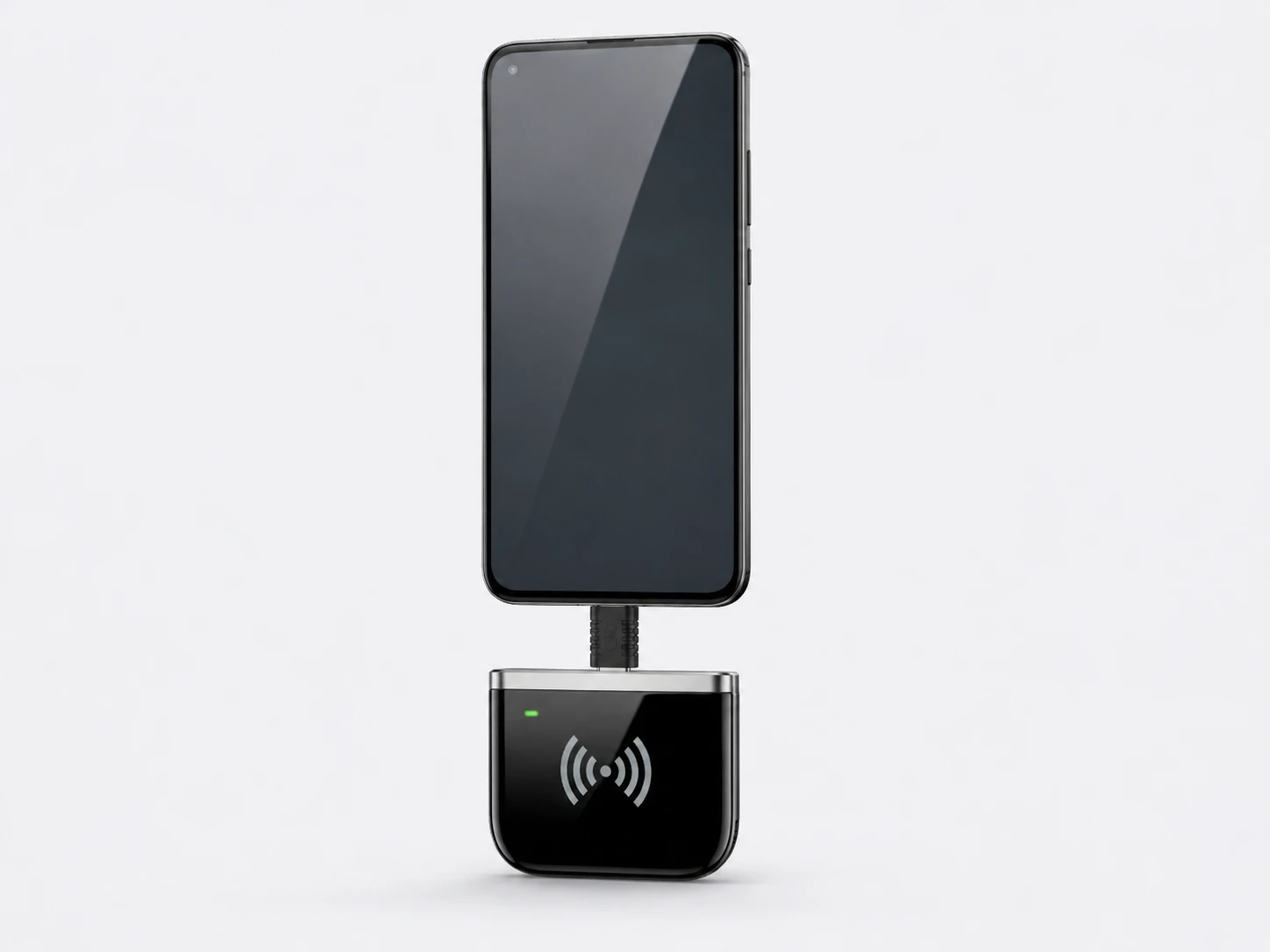 RLU-01 USB UHF RFID reader connected to a smartphone for portable tag verification