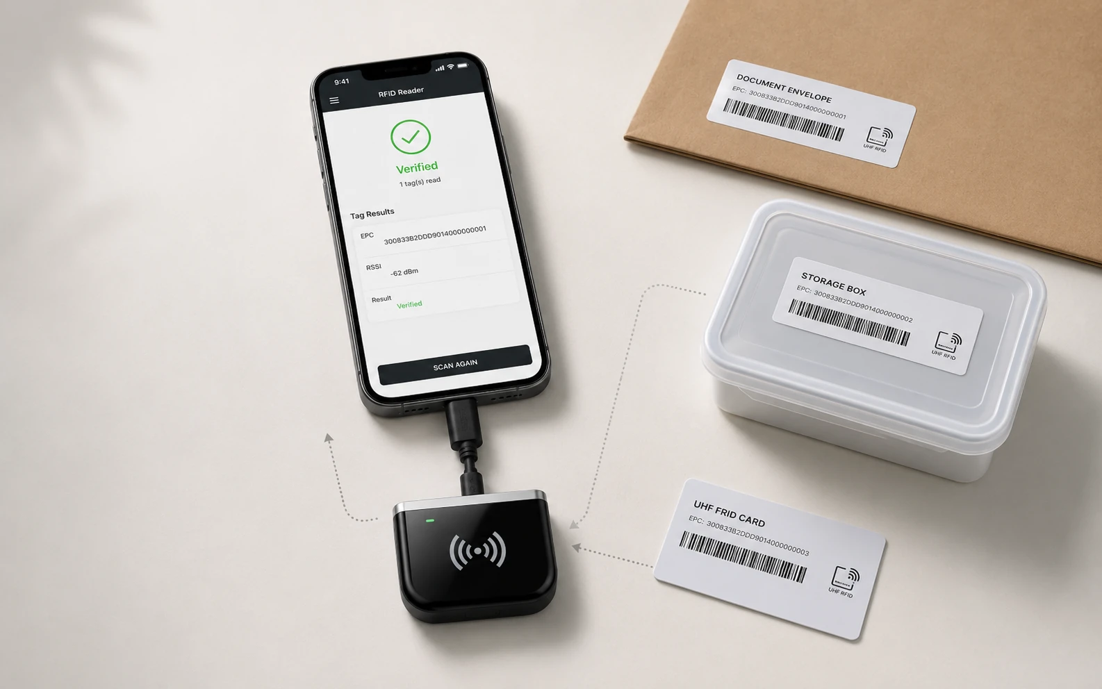 Portable USB UHF RFID reader used for mobile tag verification